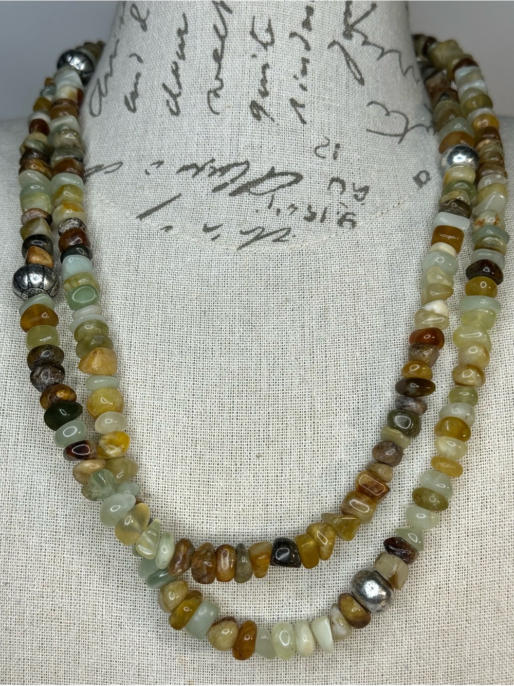 Multi-Strand Green and Earth Tone Beaded  Stone Necklace approx 44” - Picture 2 of 12